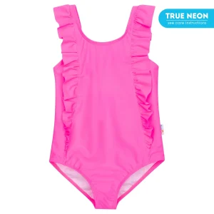 Girls Ruffle One-Piece Swimsuit | "Too Sweet" Neon Pink