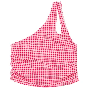 Women’s One Shoulder Crop Tankini Top | “Red Gingham"