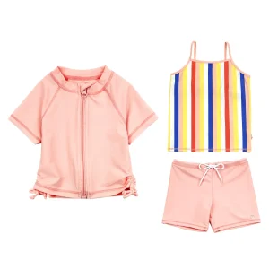 Girls Short Sleeve Rash Guard + Tankini Shorts Set (3 Piece) - "Multi Stripe"