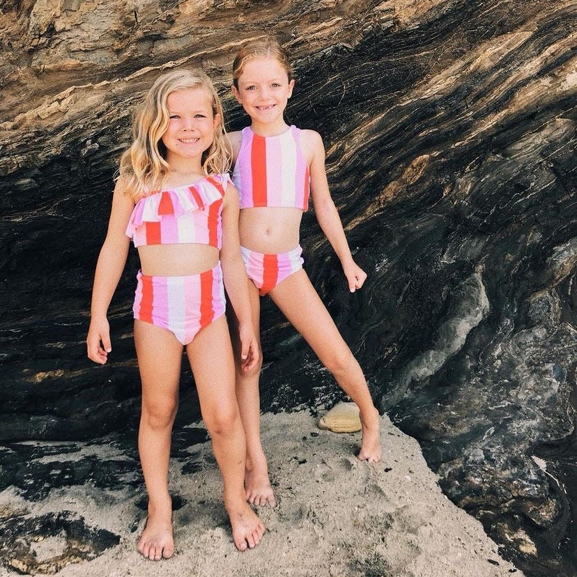 Girls Halter Top Bikini Set (2 Piece) | "Peachy Stripes" - Image 3